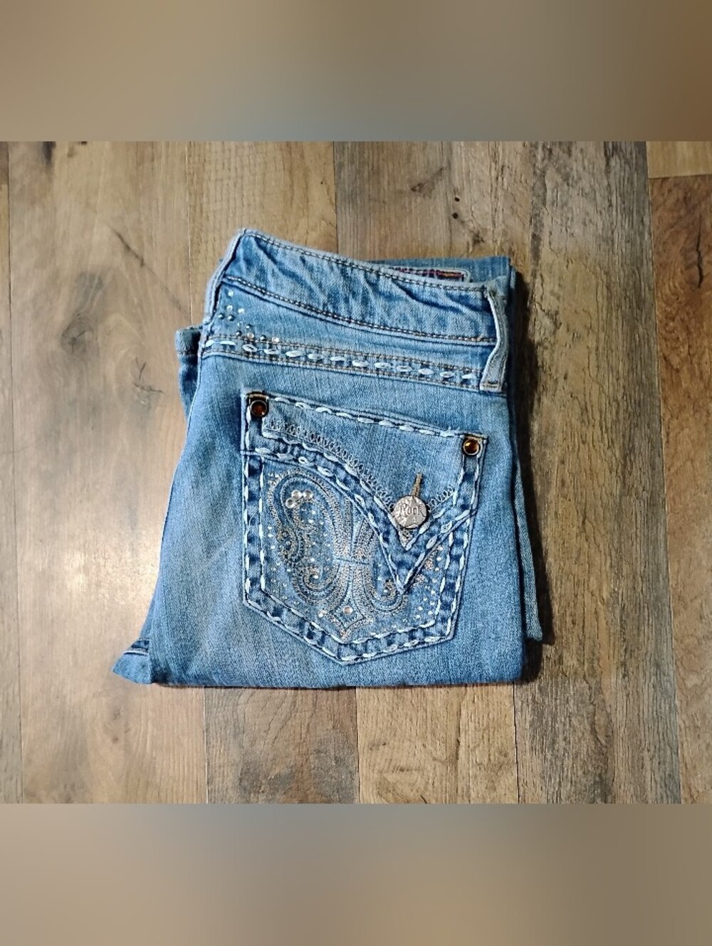 Rock 47 By Wrangler EUC Low Rise Boot Cut Jeans Womens Size: 3/4
